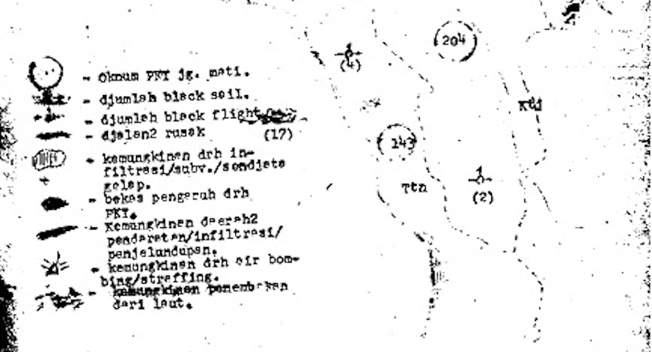 Military death map for Aceh. Top right hand corner: 'Attachment: Intelligence Map'. Numbers in circles are the number of public deaths recorded in each district. 'Dead PKI elements': Oknum PKI jg. mati.- Credit: photographed by Jess Melvin.
